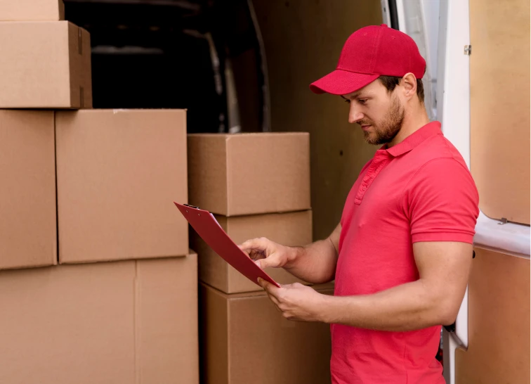 Trabajador de mudanza revisando una lista en un clip mientras se encuentra rodeado de cajas de cartón en el interior de un vehículo de mudanza. El ambiente refleja organización y control en el proceso de traslado, asegurando que todo esté en orden durante la carga.