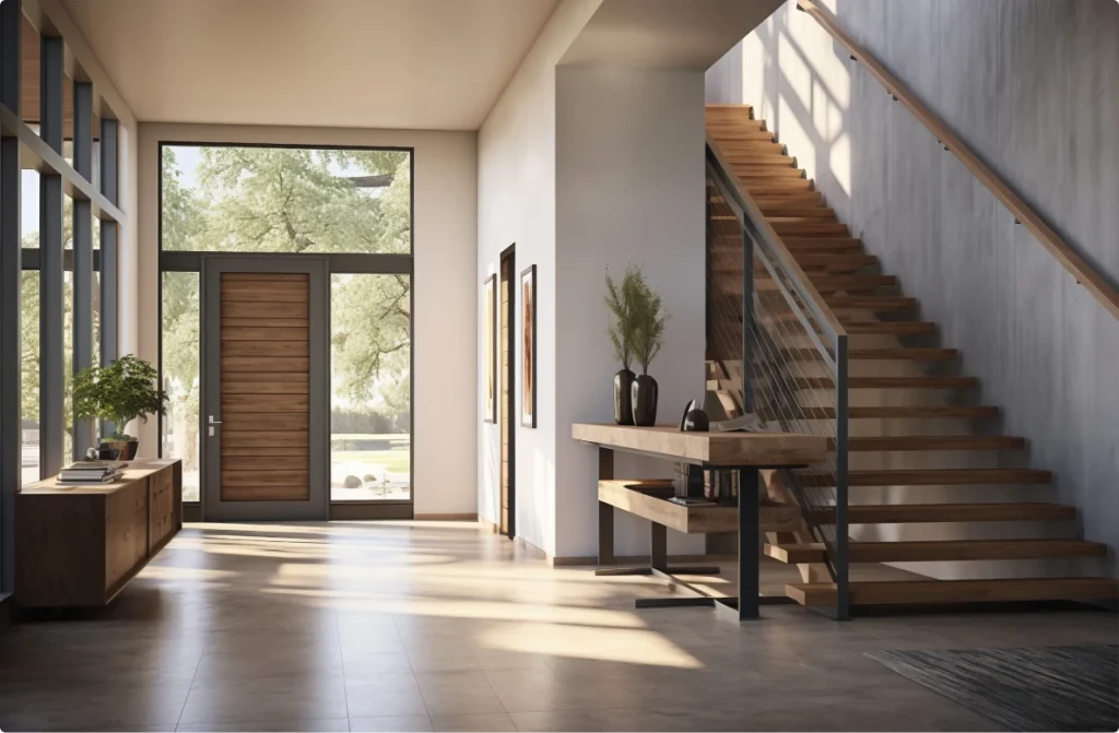 Entrada moderna con una puerta de madera natural y ventanales grandes que aportan luminosidad al espacio. La decoración minimalista incluye una mesa de consola elegante, plantas decorativas y un suelo de madera clara que complementa las escaleras flotantes. El diseño contemporáneo crea un ambiente acogedor y sofisticado para el hogar.