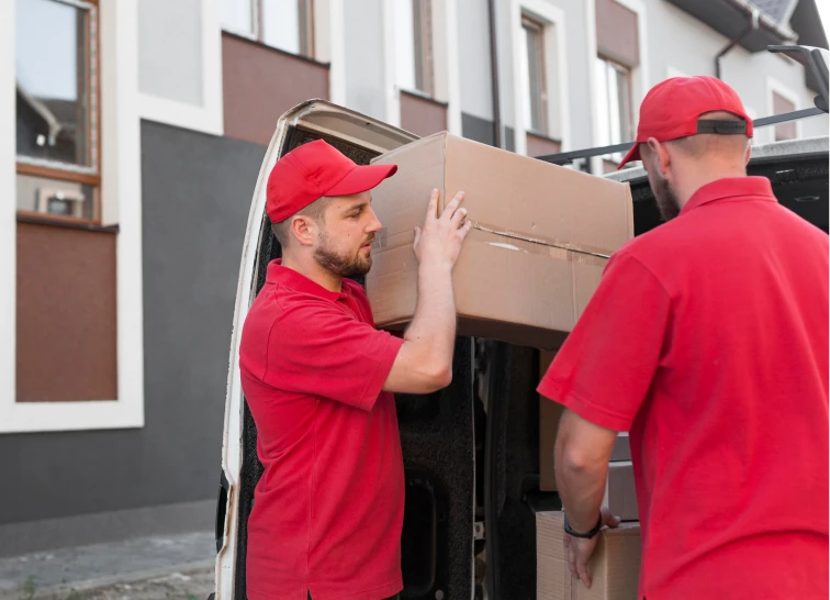 Trabajadores de mudanza descargando cajas de cartón de un vehículo, usando uniformes rojos. La imagen muestra el proceso de transporte de bienes en un entorno urbano, destacando la organización y el esfuerzo colaborativo para llevar a cabo el traslado de manera eficiente.