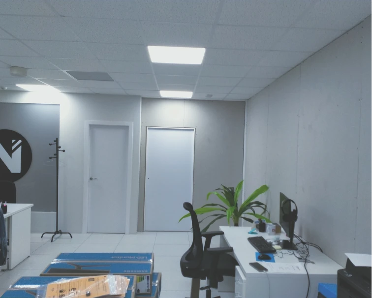"Oficina en proceso de renovación con espacio limpio y bien iluminado. La imagen muestra un escritorio moderno con una planta decorativa y un entorno organizado, con paredes lisas y techos de paneles, ideal para adaptarse a un diseño funcional y eficiente para el trabajo.